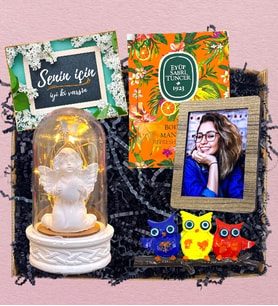 Fotoğraf, Baykuş Magnet, Islak Mendil & Işıklı Beyaz Melekli Fanus  Premium Set