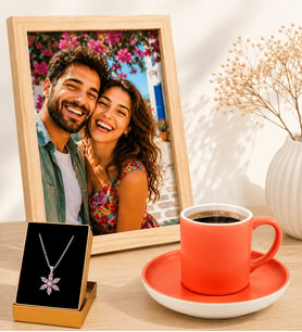 Kişiye Özel Fotoğraflı Hediye Seti Turuncu Kahve Fincanı ve Pembe Ametist Taşlı Lotus Kolyeli