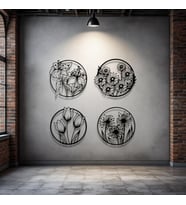 Metal Çiçek Duvar Dekoru Seti – 4 Parça Modern Minimalist Metal Tablo Salon Antre Ofis Dekorasyon (Siyah)