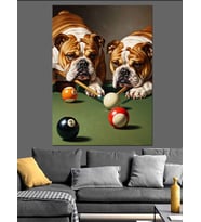Bilardo Oynayan İki Köpek Dekoratif Kanvas - Mdf Ahşap Tablo