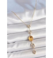Pirinç Zincir Kehribar Sarı Gold Renk Zirkon Taşlı Y Kolye 5886