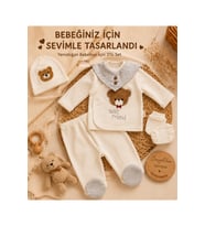 Yenidoğan Erkek Bebek 5'li Hastane Çıkışı Seti – Ayıcık Nakışlı Pamuklu Bebek Takımı