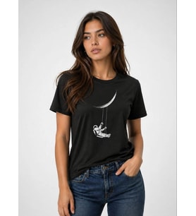 Luvia Astronot Ay Temalı Tişört Kısa Kol Yazlık Bisiklet Yaka T-Shirt - Siyah