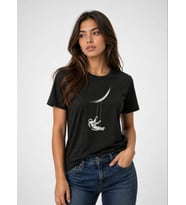 Luvia Astronot Ay Temalı Tişört Kısa Kol Yazlık Bisiklet Yaka T-Shirt - Siyah
