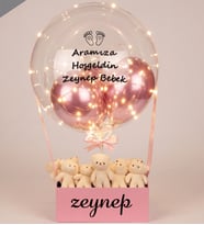 Kişiye Özel Led Işıklı Uçan Balon Sepeti – 10 Pelüş Ayıcıklı Bebek Hediyesi
