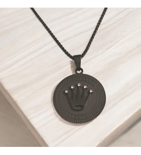 Unisex Zirkon Taşlı Taç Figürlü Çelik Kolye Ucu (Siyah)