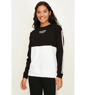 Kadın Renk Bloklu Kolları File Detaylı Basic Örme Sweatshirt (Siyah)