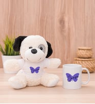 Kişiye Özel Kadına Hediye Kelebek Tasarım İsimli Peluş Köpek ve Beyaz Kupa