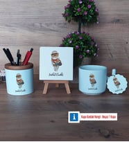 Baykuş Dekoratif Taş, Kalemlik, T Kupa Bardak, Ahşap Anahtarlık Hediye (Model 1)