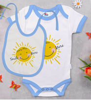 BK Kids Kişiye Özel Smile More Tasarımlı Mavi Bebek Body Zıbın ve Mama Önlüğü Hediye Seti