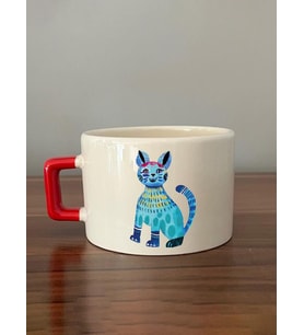 Mavi Kedi Baskılı Kırmızı Kulplu C Kupa (Beyaz)