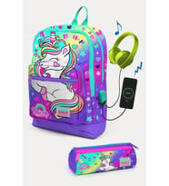 Coral High Kids Lavanta Su Yeşili Unicorn Desenli USB'li 2'li Okul Çanta Seti - Kız Çocuk