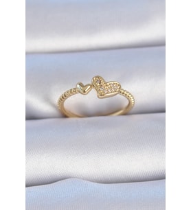 Pirinç Gold Renk Zirkon Taşlı Kalp Model Kadın Yüzük (Altın)