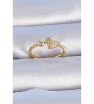 Pirinç Gold Renk Zirkon Taşlı Kalp Model Kadın Yüzük (Altın)