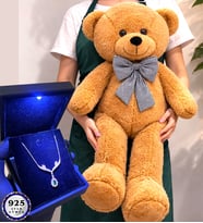Büyük Boy Kahve Peluş Ayıcık ve Işıklı Kutusunda 925 Ayar Gümüş Kolye (Model 1)
