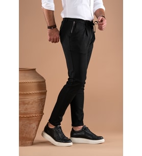 SLİMFİT TEK PİLELİ DAR PAÇA FERMUAR DETAYLI KIŞLIK KUMAŞ PANTOLON (Siyah)