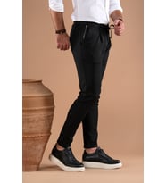 SLİMFİT TEK PİLELİ DAR PAÇA FERMUAR DETAYLI KIŞLIK KUMAŞ PANTOLON (Siyah)