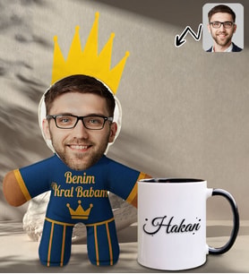 BK Gift Kişiye Özel Fotoğraflı Kral Babam Tasarımlı Bebek Yastık-2 & Siyah Kupa Bardak Hediye Seti-1, Babalar Günü Hediye, Babaya Hediye