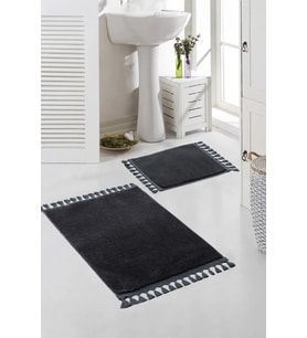 Valery Home Yıkanabilir Premium Ponpon Saçaklı Kaymaz Taban Peluş Banyo Paspası 2'li Takım Antrasit 60x100cm - 60x40 cm