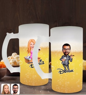 BK Gift Kişiye Özel Erkek ve Kadın Patron Karikatürlü 2’li Buzlu Cam Bira Bardağı 50cl-3 (Beyaz)