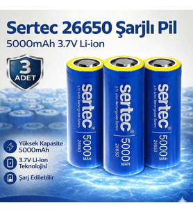 Sertec 26650 Şarjlı Pil 5000mAh 3.7V Li-ion Başlıksız Düz 3lü