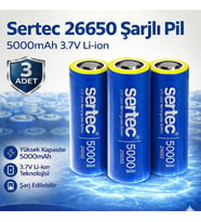 Sertec 26650 Şarjlı Pil 5000mAh 3.7V Li-ion Başlıksız Düz 3lü