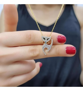 Papyonlu Kedi  925 Ayar Gümüş Zirkon Taşlı Gold Kaplama Kolye (Karışık)