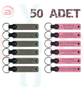 Kül Gri & Pembe, 50’li Set, İsim Yazılabilen Deri Anahtarlık, Kurumsal Eğitim Katılımcılarına Anı