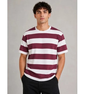 Erkek Çizgili Oversize Tişört Bisiklet Yaka Kısa Kol Yazlık T-Shirt - Bordo