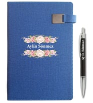 Kişiye Özel Çiçek Desen Baskılı İsme Özel Defter ve Kalem