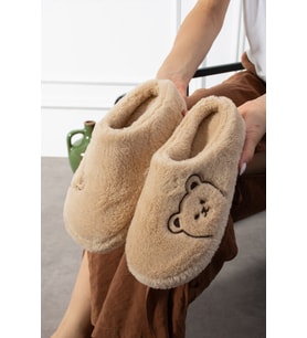 Ayıcık Desenli Nakışlı Kışlık Unisex Ev Terliği Kaydırmaz Taban (Bej)