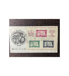 Birleşmiş Milletler İLK GÜN ZARFI 10. Yıl Dönümü Postadan geçmiş 1955 United Nations FDC 10. Anniv