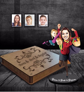 Kişiye Özel Anneler Günü Anne Erkek Kız Kardeş Karikatürlü Ahşap Kutulu Biblo Model-3