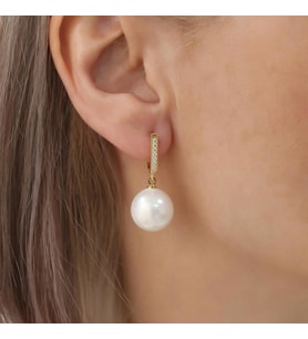 925 Ayar Gümüş Taş Detaylı Creamrose Tatlısu İncisi Küpe-14mm (Gold)