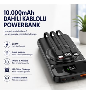 10.000mAh Manyetik Dahili Kablolu Powerbank Hızlı Şarjlı Dijital Göstergeli Taşınabilir Şarj Cihazı