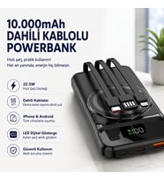 10.000mAh Manyetik Dahili Kablolu Powerbank Hızlı Şarjlı Dijital Göstergeli Taşınabilir Şarj Cihazı