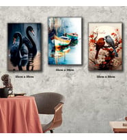 siyah kuğu göl kayık daldaki kuş tablosu 3 adet 35cmx50cm kumaş baskılı canvas tablo