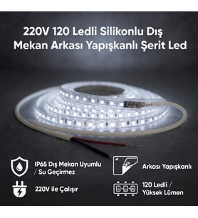 220V 120 LED Dış Mekan Şerit LED Beyaz Işık Arkası Yapışkanlı Suya Dayanıklı Dekoratif Aydınlatma