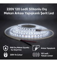 220V 120 LED Dış Mekan Şerit LED Beyaz Işık Arkası Yapışkanlı Suya Dayanıklı Dekoratif Aydınlatma