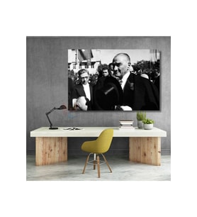 Siyah Beyaz Atatürk Kanvas Tablo Şapka Tutan Atatürk Tablosu Ofis Tablosu Duvar Dekoru