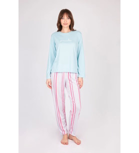 Kadın Uzun Kollu Yumuşak Dokulu Mavi Pijama Takımı