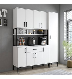 Tanmob MDL0501 Alt Üst Tek Kapılı Çok Amaçlı Dolap 8 Kapaklı Çekmeceli Raflı Beyaz