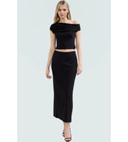 Asimetrik Yaka Kısa Kollu Örme Ekose Takım Elbise 97 Polyester 3 Elastan Günlük Stil Yüksek Kalite (Siyah)