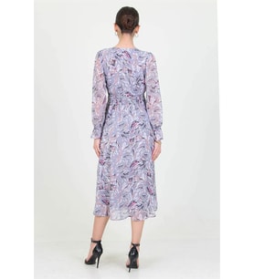Neşeli butik kadın gri kalp yaka yeni sezon desenli şifon elbise RY0030