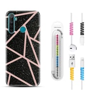 Realme 5i 5 Pro 6i 7 Pro 8 Kılıf Kablo Koruma Spiral Silikon Pembe Şeritli Mermer 1312