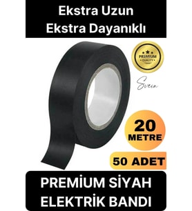 50 Ad. Premium Kalite 20 Mt Yalıtım İzole PVC Elektrik Bandı Su Geçirmez Sızdırmaz Koruma Bant Siyah