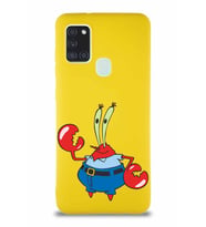Samsung Galaxy A21S Soft Premier Kapak Bay Yengeç Tasarımlı Silikon Kılıf - Sarı (Şeffaf)