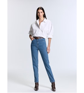 LCW Jeans İndigo Beli Kemerli Mom Fit Kadın Jean Pantolon