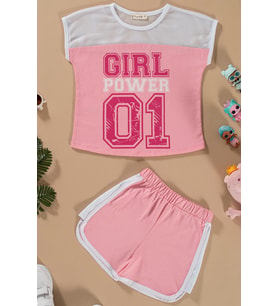 File Detaylı Baskılı Pembe Tshirt Şort Takım