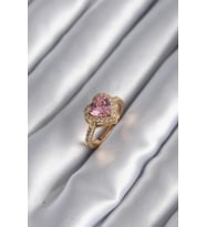 Pirinç Gold Renk Pembe Zirkon Taşlı Charm Kalp Model Kadın Yüzük 5886